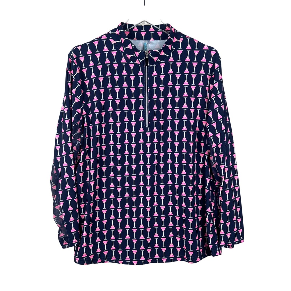 BEACHTIME Top XL Martini Navy Blue Pink Quarter Zip Long Sleeve Pullover Mesh